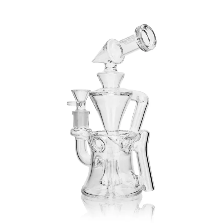 8.4-inch clear glass recycler dab rig with external drain tubes and conical chamber, SKU EG-105 by EG Glass
