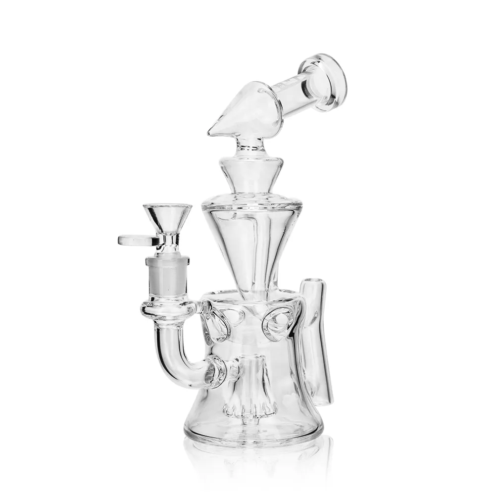 8.4-inch clear glass recycler dab rig with external drain tubes and conical chamber, SKU EG-105 by EG Glass-2