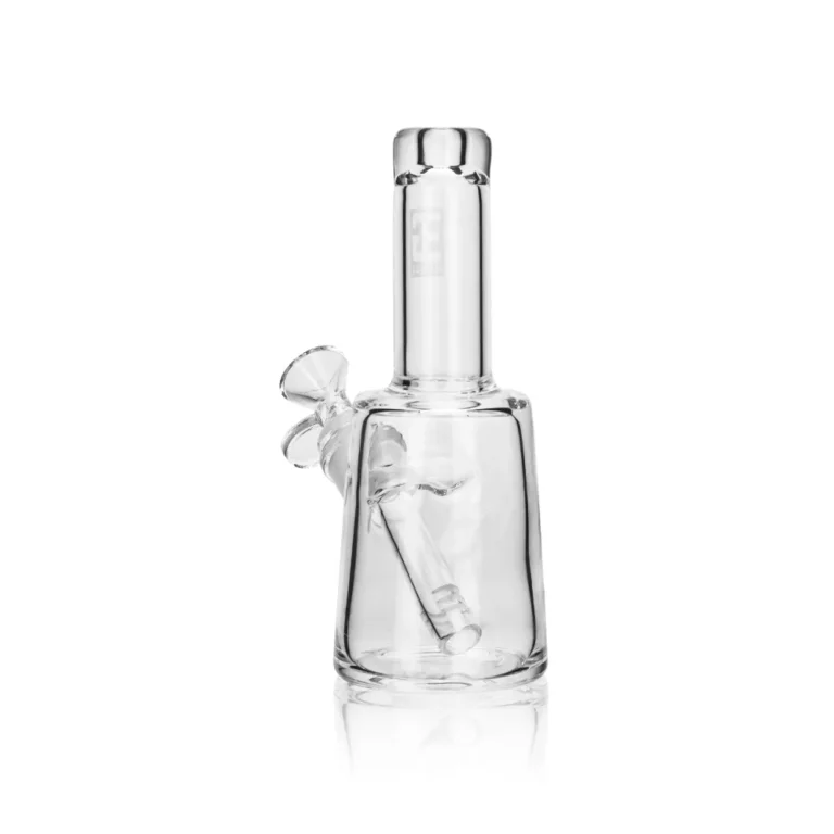 side view of 6.9-inch clear glass mini bell bong with a stable flared base and 385g heavyweight borosilicate construction, SKU EG-106 by EG Glass