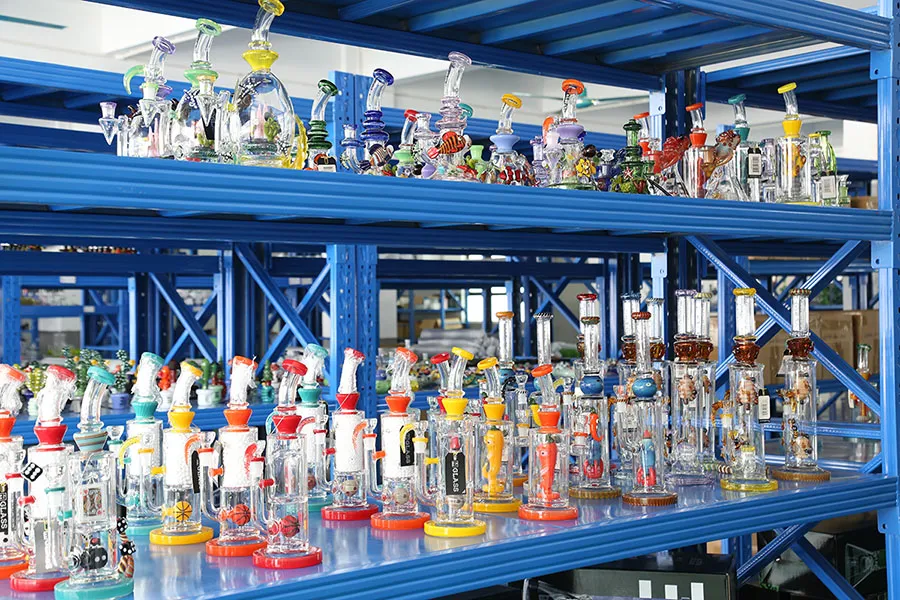 a display rack with EG Glass bongs and dab rigs for wholesale