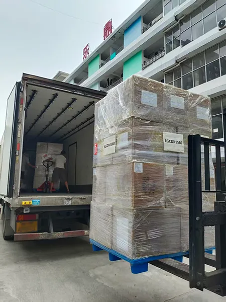 Pallet wrapped in stretch film, being loaded into a container by forklift.